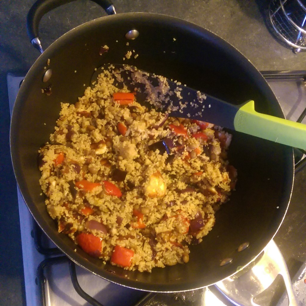 Roasted aubergine and red pepper couscous with halloumi cheese recipe